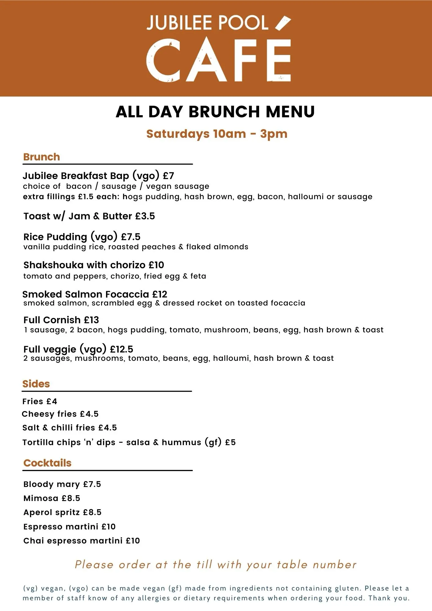 Jubilee Pool Penzance - Saturday Brunch Menu