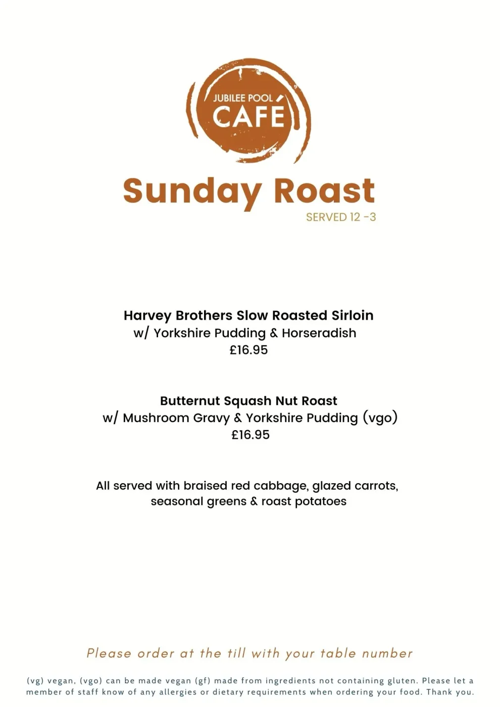 Jubilee Pool Penzance - Sunday Roast Menu